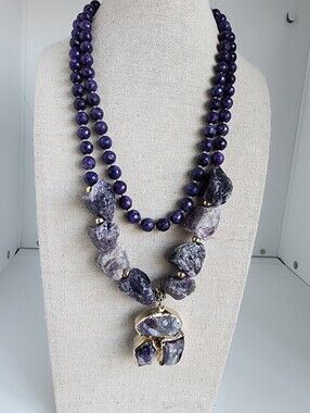 Raw Amethyst Statement Necklace Gold Tone Pendant 18" Gemstone Beaded